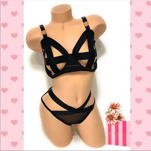 Victoria’s Secret black caged strappy unlined bra and panty set 36DDD/M
